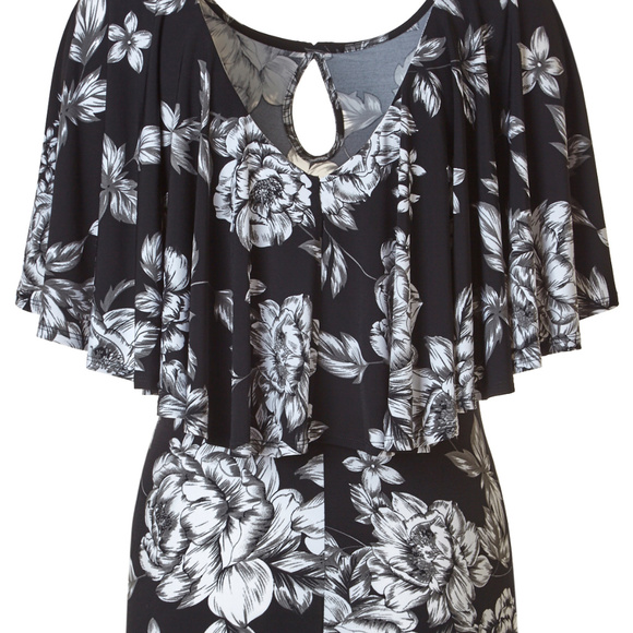 Black Floral Print Capelet Keyhole Top - Picture 2 of 3